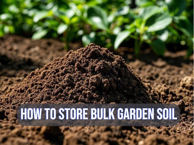 An informative image showcasing bulk soil and text "How to store bulk garden soil"