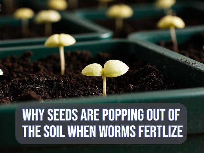 an image in which seeds are germinating with text "Why seeds are popping out o the soil when worms fertilize"