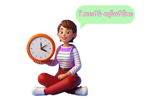 A woman sitting and holding clock and thnking "I need to adjust time|