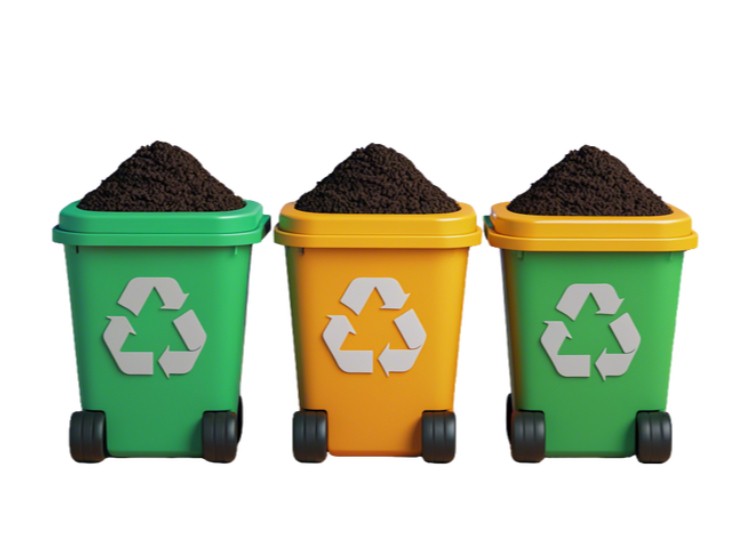 3 Trash Cans with soil in row