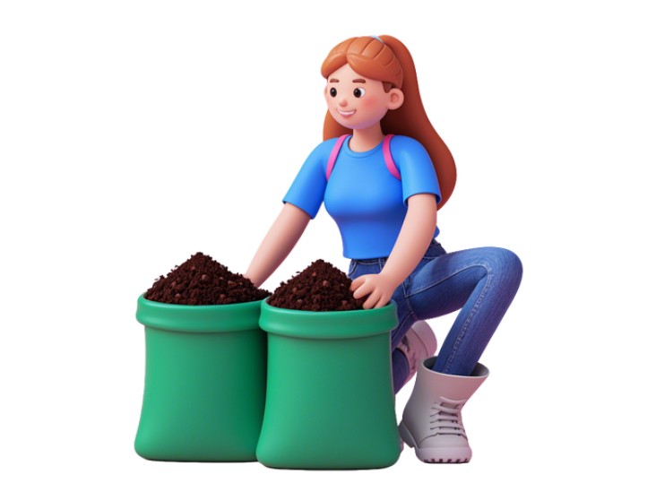 A woman putting soil in mulch bags 