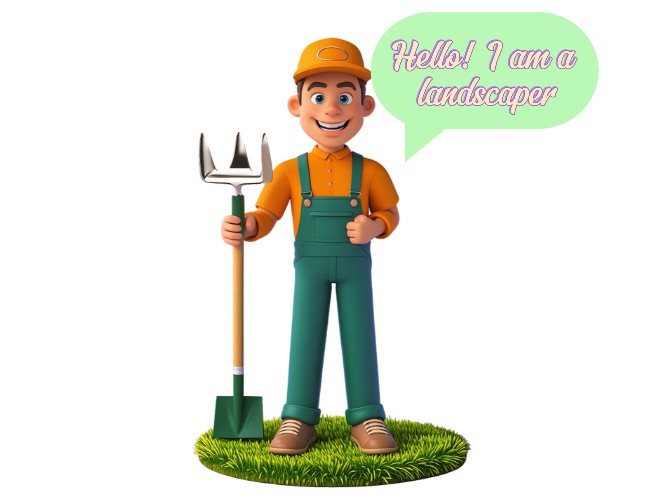 A landscaper standing and holding a garden tool