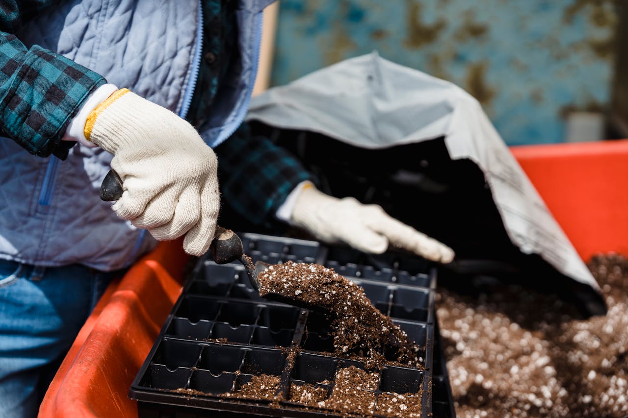 a person balancing soil in the container