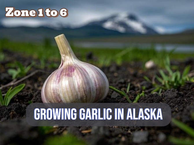 garlic on the ground in Alaska, image showcasing text "Growing garlic in Alaska, zone 1 to 6"