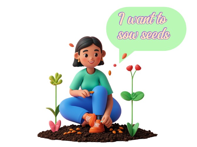 a woman sitting on the ground and wanted to sow tomato seeds directly in the ground 