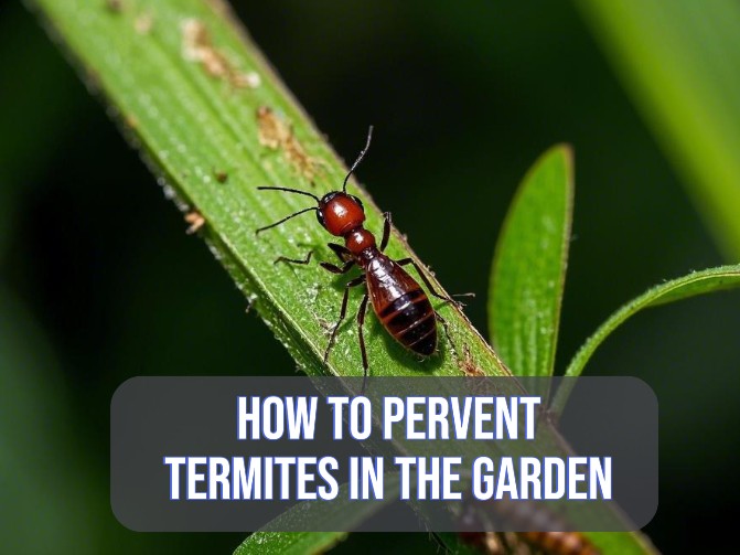 image representing a termite on thee stem of the plant, and text "How to prevent termites"