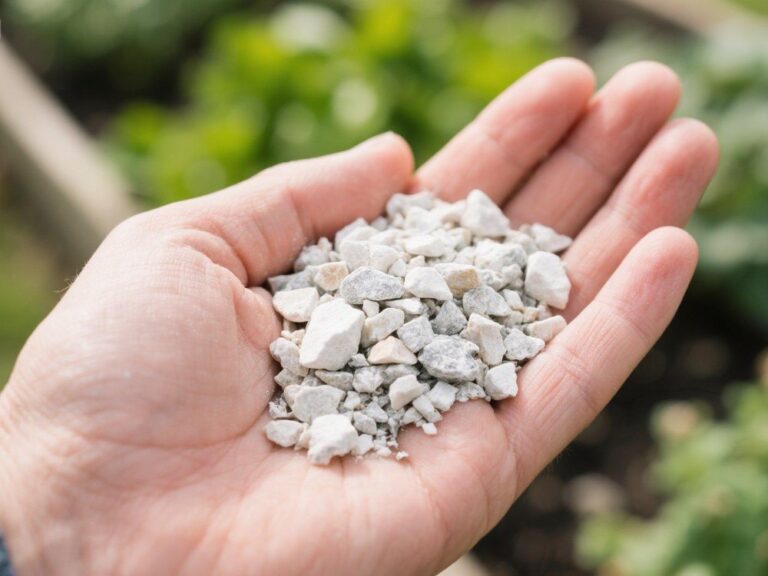 Crushed lime stone in a gardener's hand