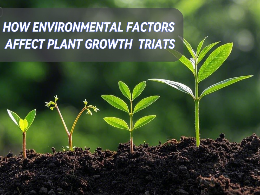 an image showcasing plant growth and text how environmental factors affect plant growth triats