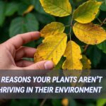 a person hand touching plant yellow and damage leaves representing 10 main reasons why plants are not growing well