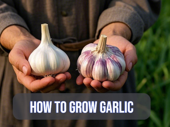 a person hand holding two types of garlic and image showcasing a text How to grow garlic