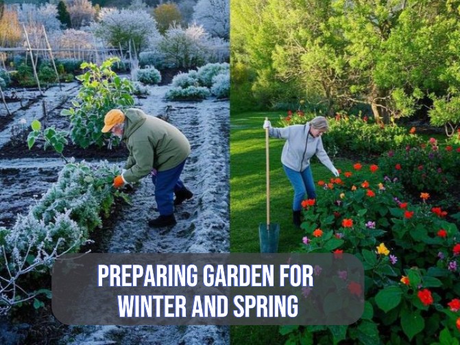 an collage image showcasing winter gardening left side and spring gardening right side