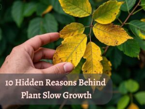a person hand touching the plant damaged leaves and image showcasing the text "10 Hidden benefits behind plant slow growth