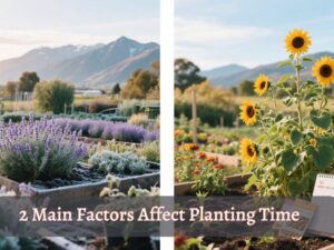 two sided image showcasing a text "2 main factors affect planting time"