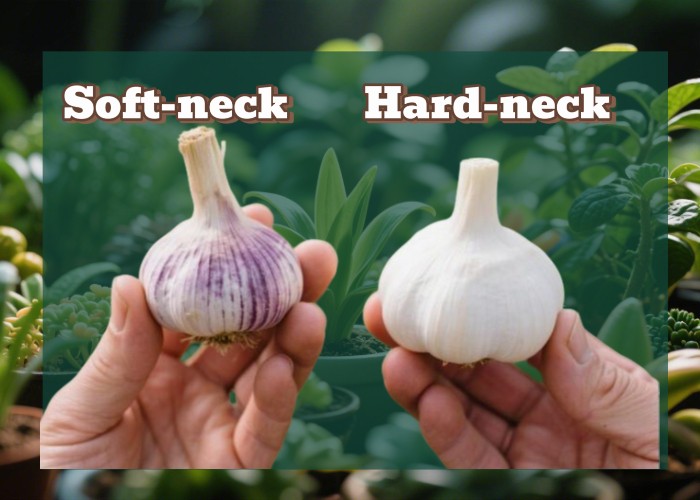 Garlic variety Comparison of soft-neck vs hard-neck garlic varieties held in hands with garden plants in background