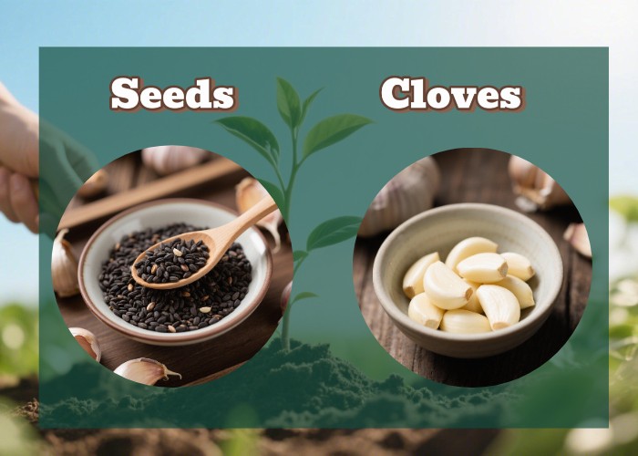 Planting Method two sided image showcasing garlic seeds and cloves planting