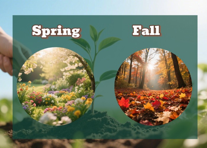 Planting season Side-by-side view of spring vs fall planting seasons with blooming flowers and colorful autumn leaves