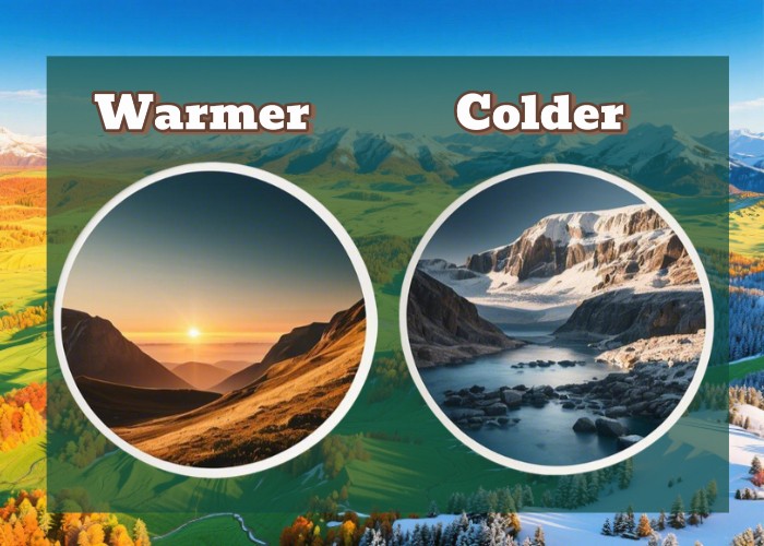 Regional Climate Visual comparison of warmer vs colder climates with mountain landscapes under sunrise and snowy conditions