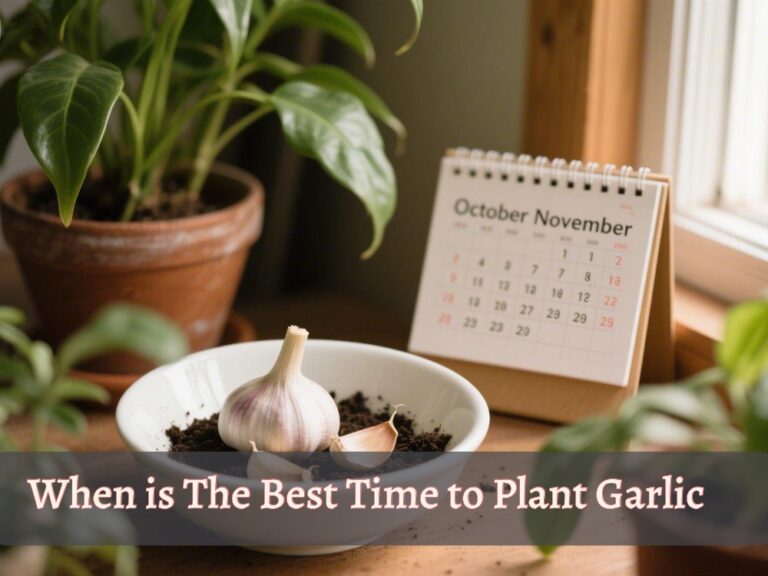 an image shows garlic and some its cloves in the bowl and a calendar placing near the window, image also has a text "When is the best time to plant garlic"