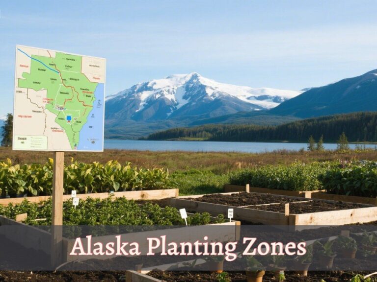 Image with text "Alaska planting zones" shows Alaska gardening and a map near the raised bed