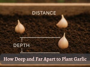 Garlic cloves on soil showing planting depth and spacing