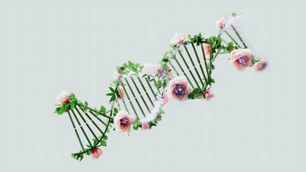 pexels-photo-18069421-18069421 Artistic representation of a DNA helix intertwined with flowers and green leaves.
