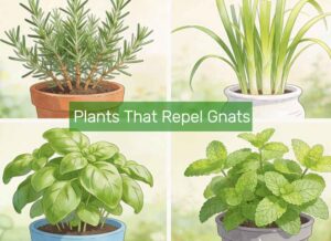 an imahe showcasing 4 plants in a grid and a text "Plants That Repel Gnats"