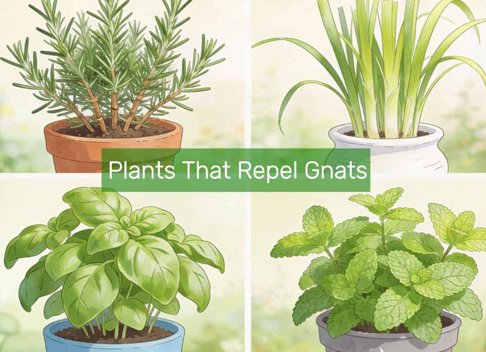 an imahe showcasing 4 plants in a grid and a text "Plants That Repel Gnats"