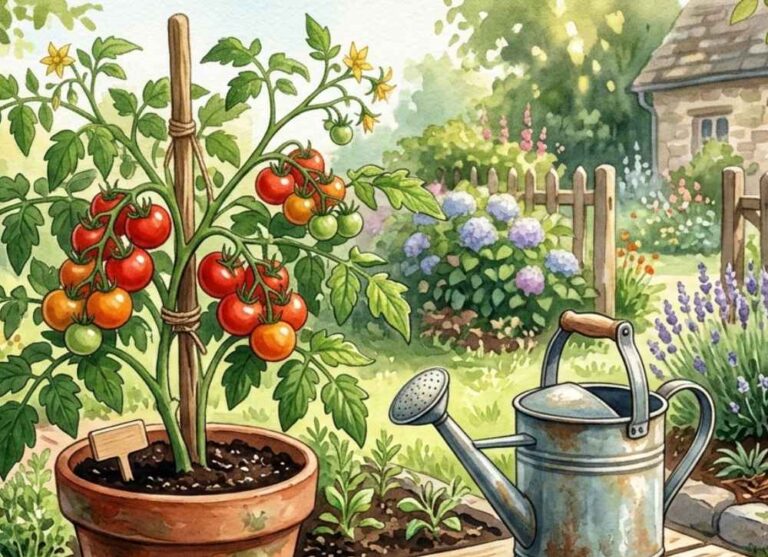 tomato plant and waterinf can