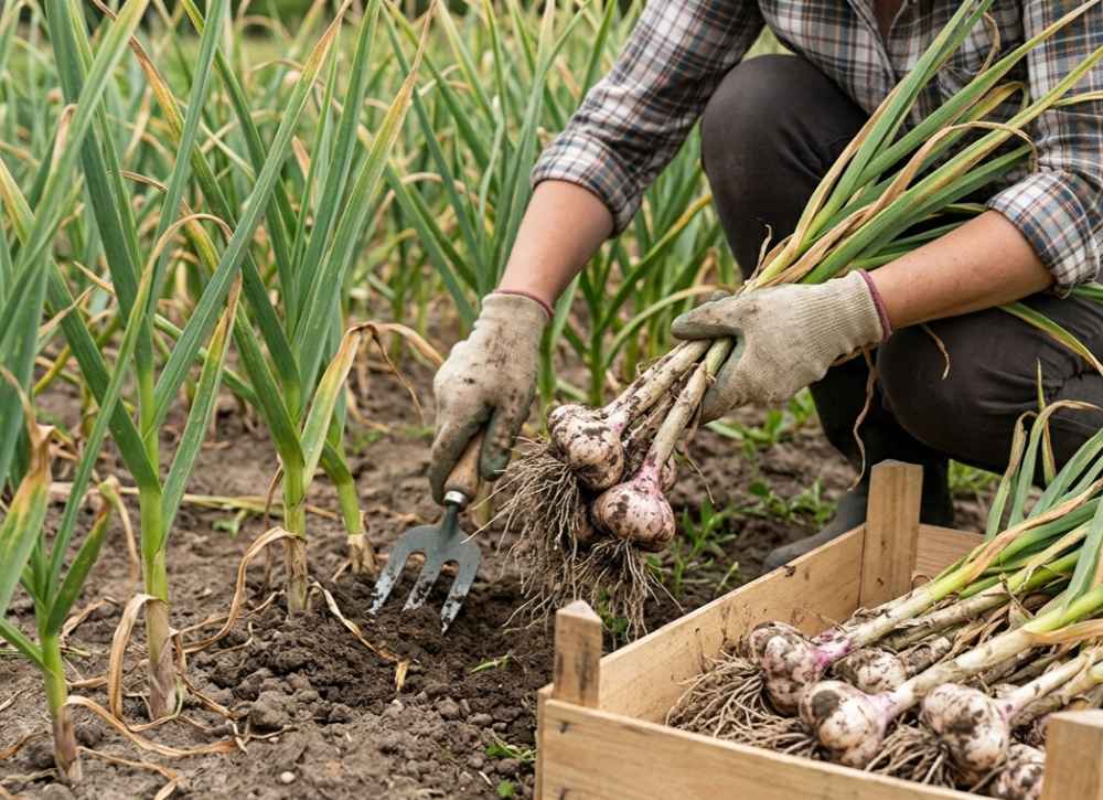 a person harvesting softneck garlic