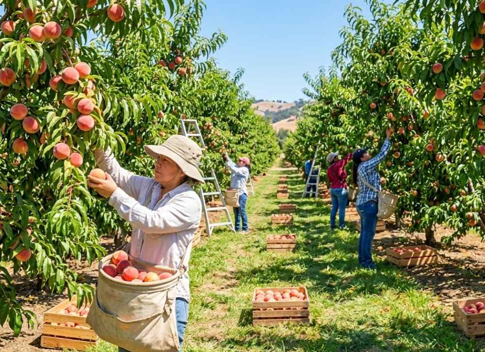 gardeners picking the peaches