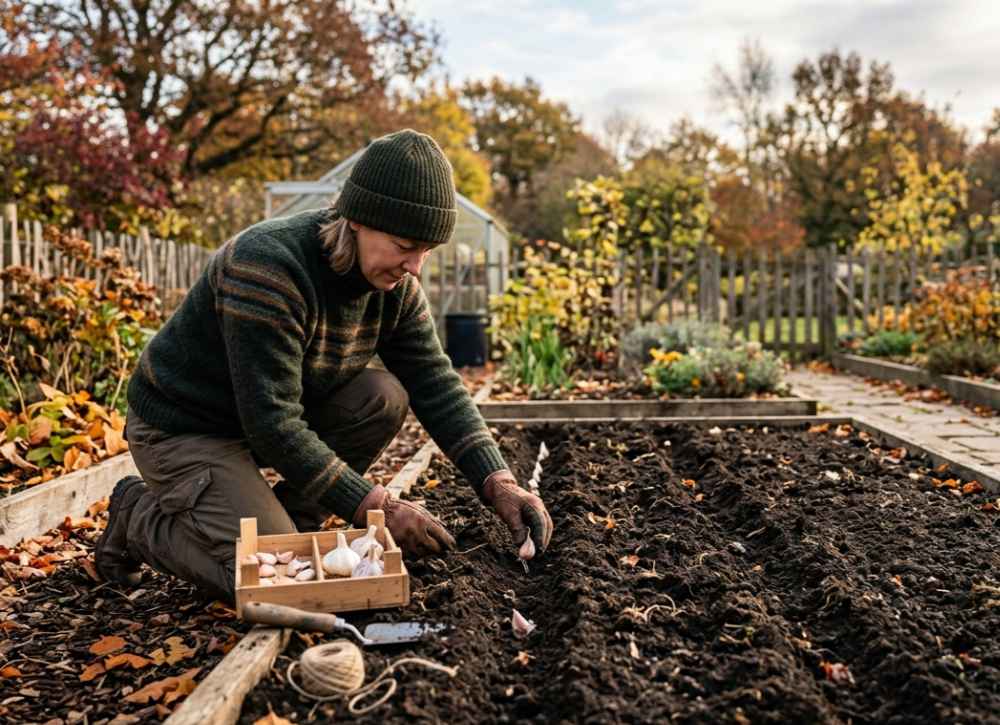 When And How To Plant Garlic In The Fall_ a person planting garlic cloves