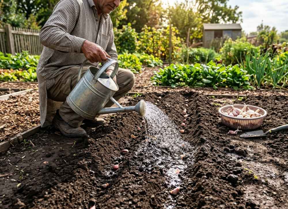 When And How To Plant Garlic In The Fall_ (3) watering garlic after sowing its cloves