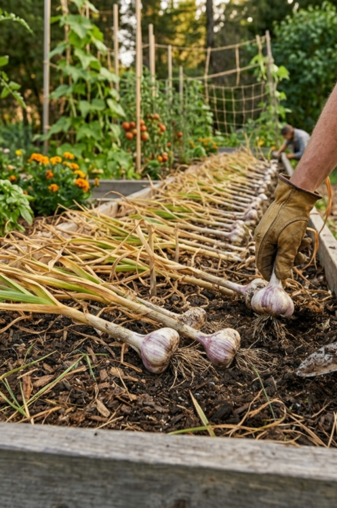 harvesting soft-neck garlic