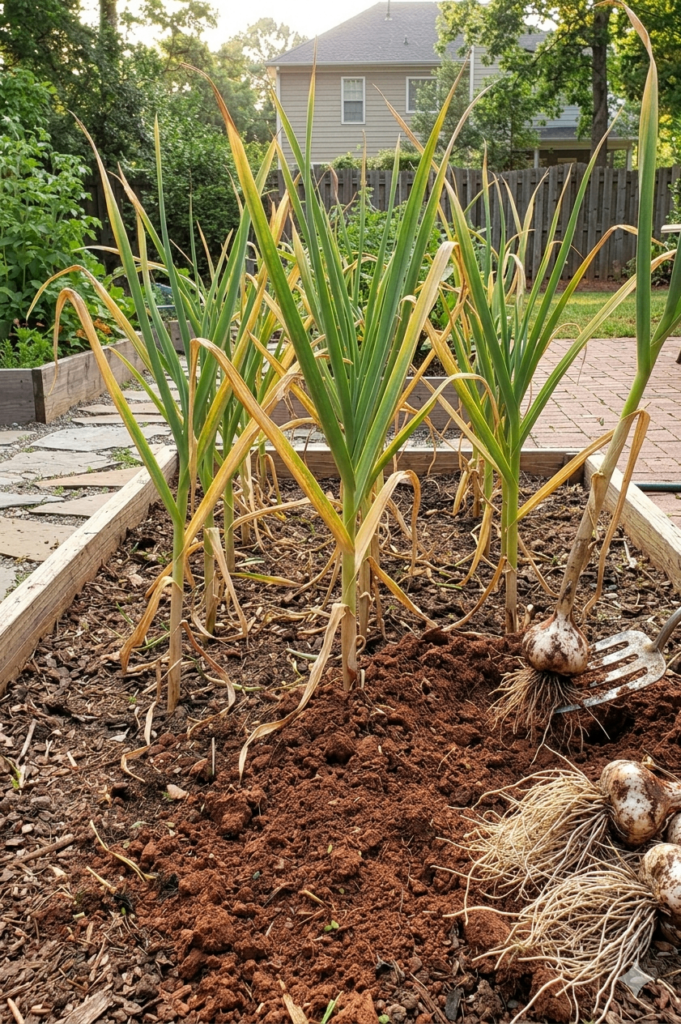 harvesting hard-neck garlic in home garden in georgia
