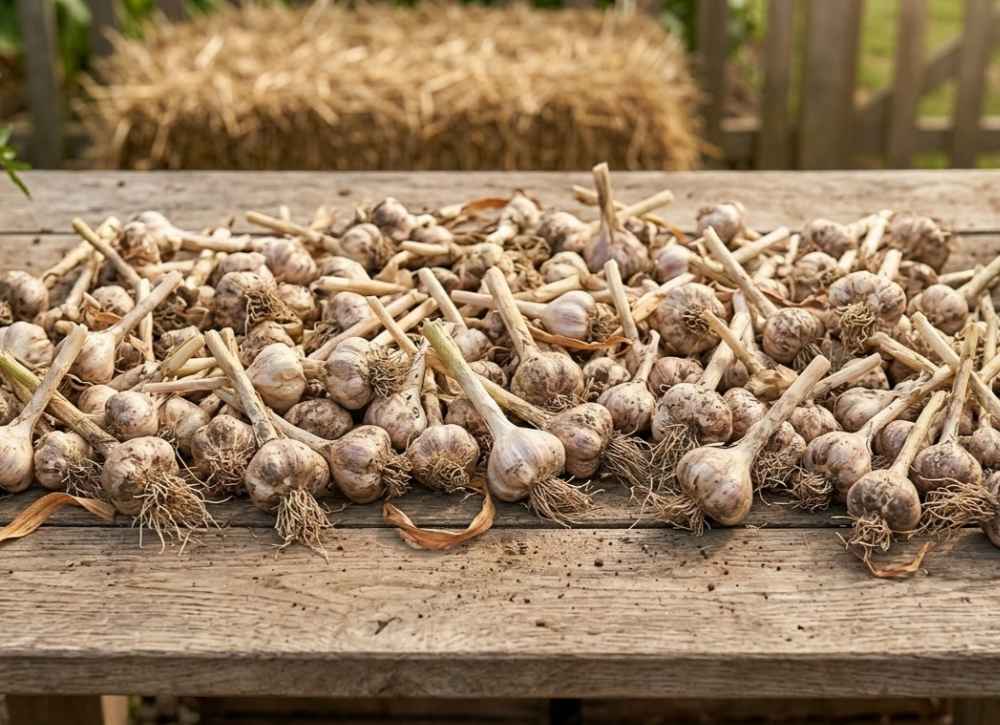 spring planted soft-neck garlic on the table