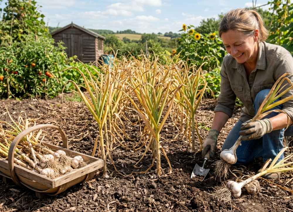 harvesting spring planted garlic