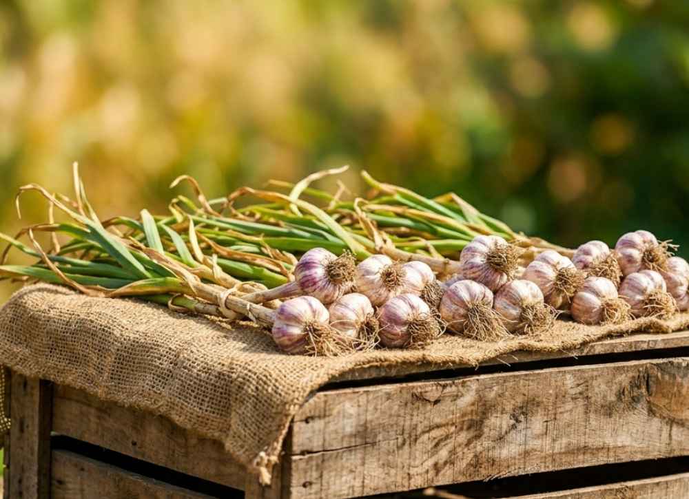 garlic plant plasced on the table in summer