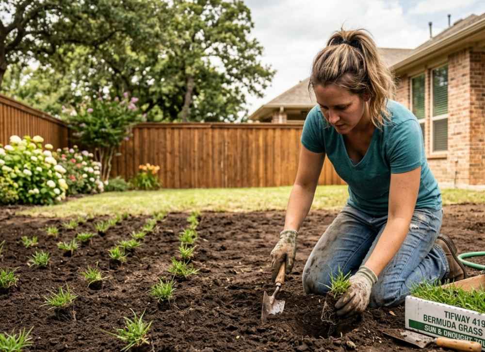 a woman planting grass inbackyard