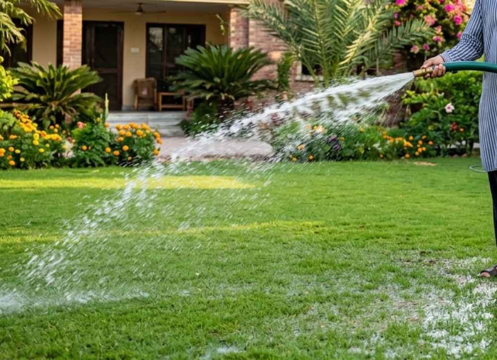 watering grass in lawn