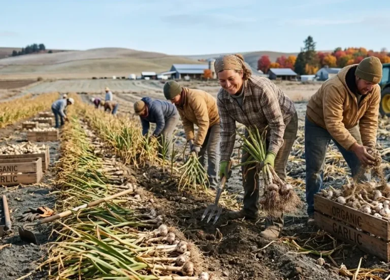 harvesting october planted garlic in october